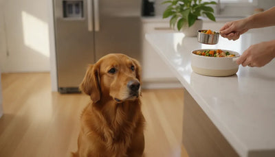 Golden retriever beside a bowl of fresh dog food in a bright kitchen