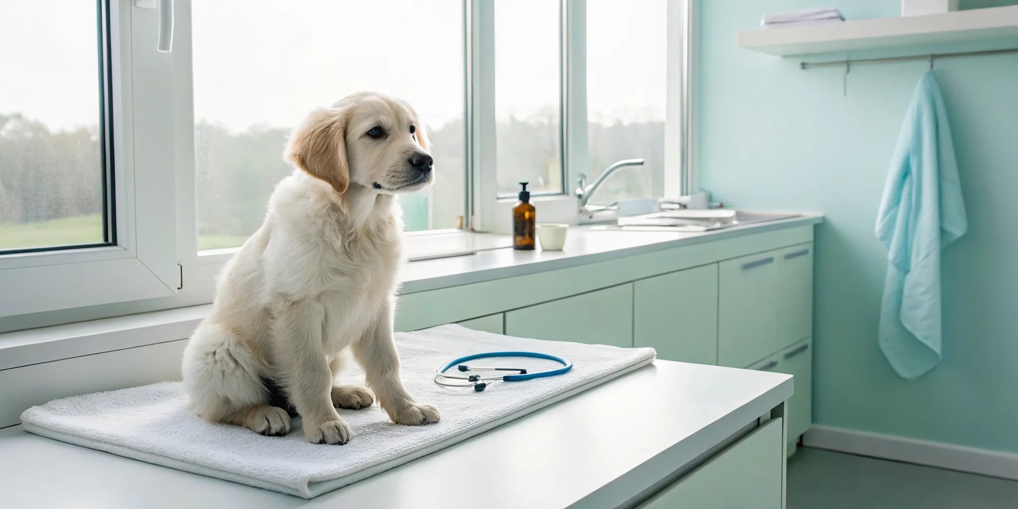 A golden retriever puppy gets an ear check-up before using a gentle ear cleaner for puppies.