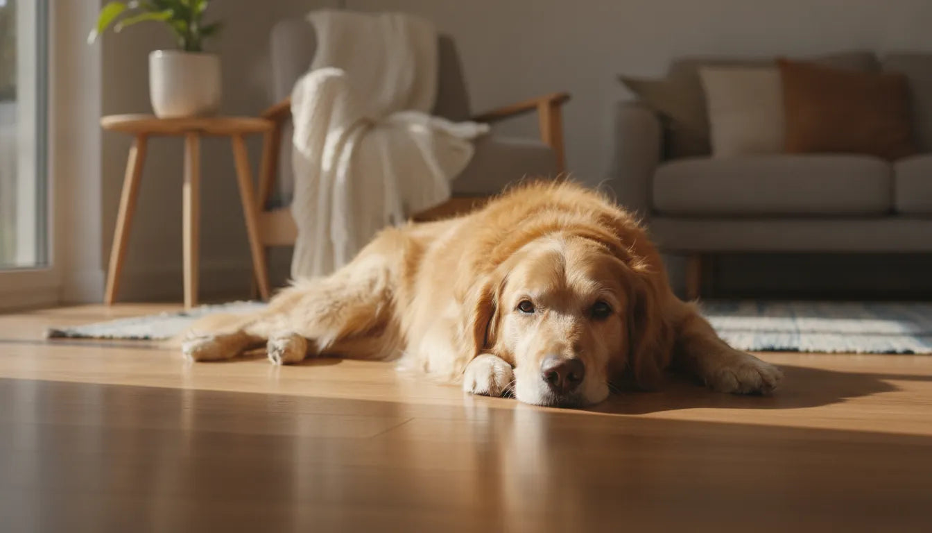 Golden retriever resting comfortably at home, a healthy calm dog with joint support
