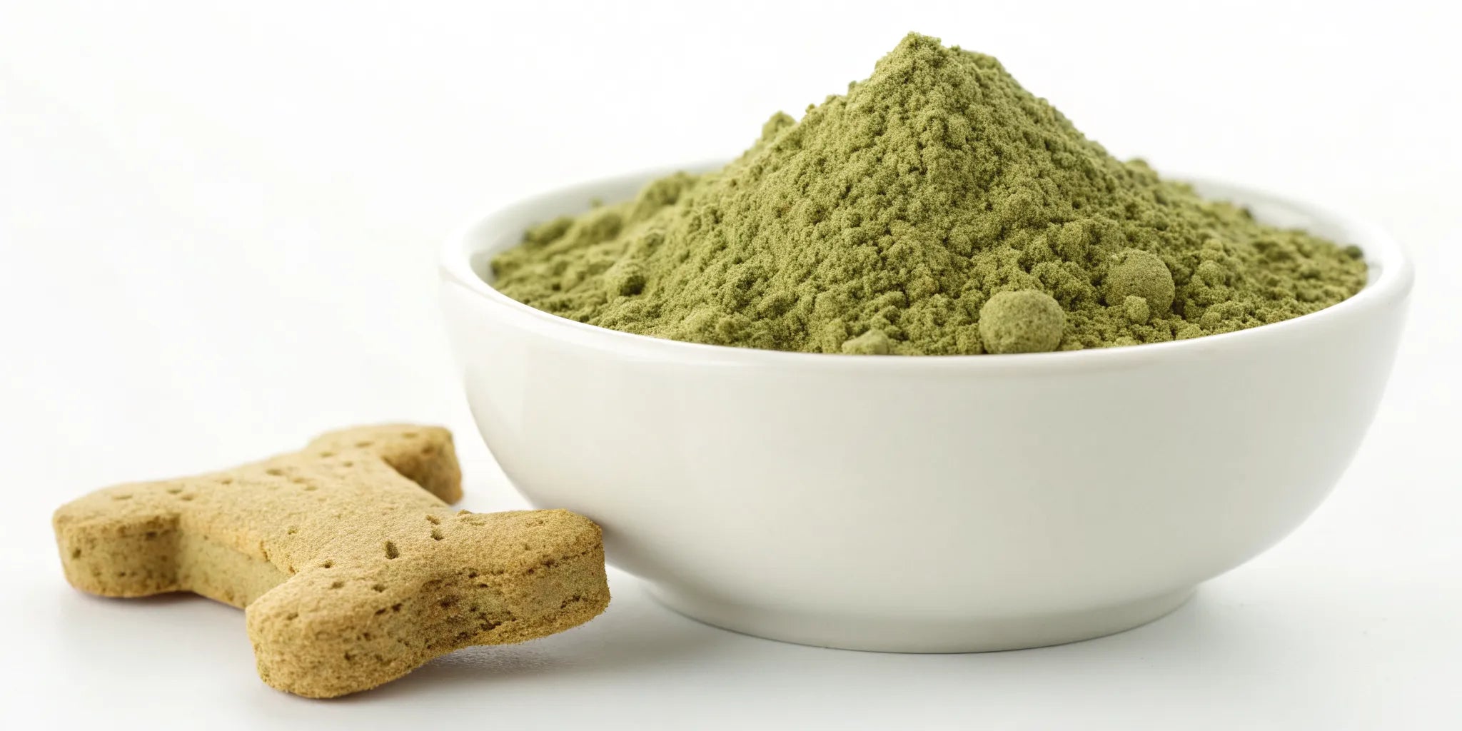 Green lipped mussel powder for dogs in a bowl, a supplement for canine joint health.