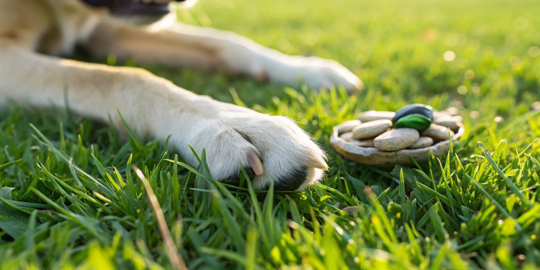 Green lipped mussel and glucosamine joint supplements for dogs in a bowl next to a paw.