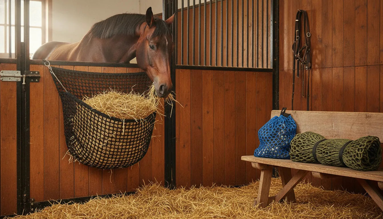 Bay horse eating from a securely hung slow-feed hay net in a bright stable