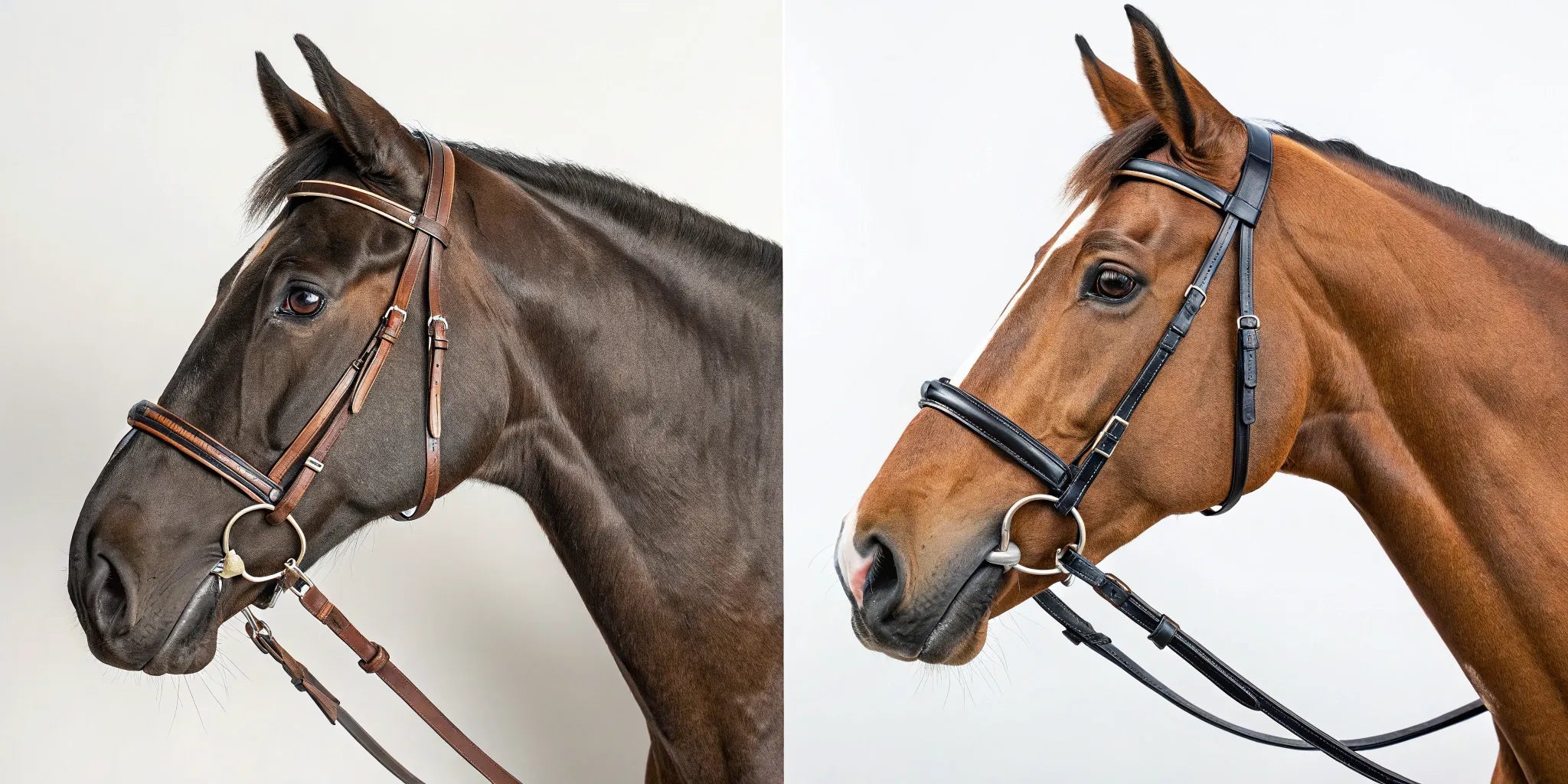 Two horses showing the difference between a headstall vs a complete bridle.