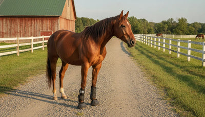 Horse wearing hoof boots on a gravel trail