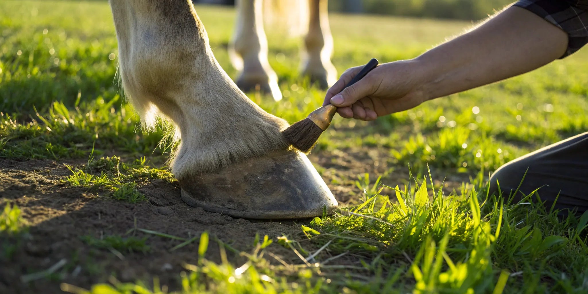 Applying hoof oil to treat a horse's cracked hooves.