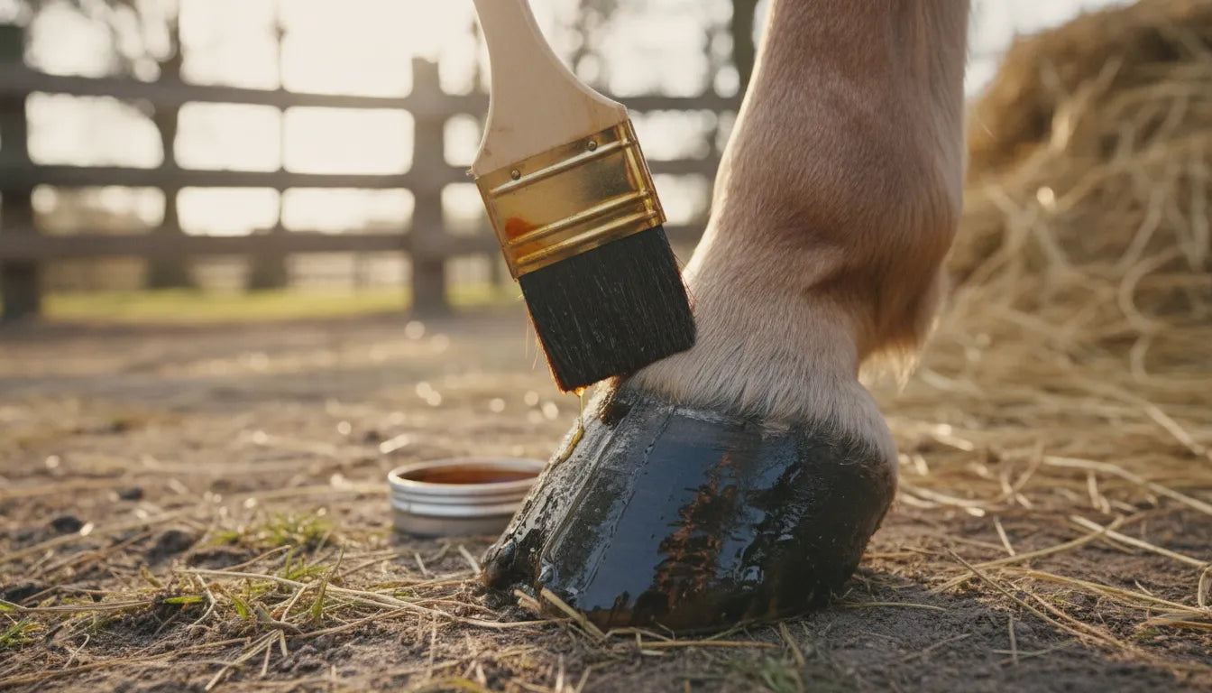 Close-up of a horse's healthy hoof with hoof oil applied, showing glossy hoof wall in stable setting