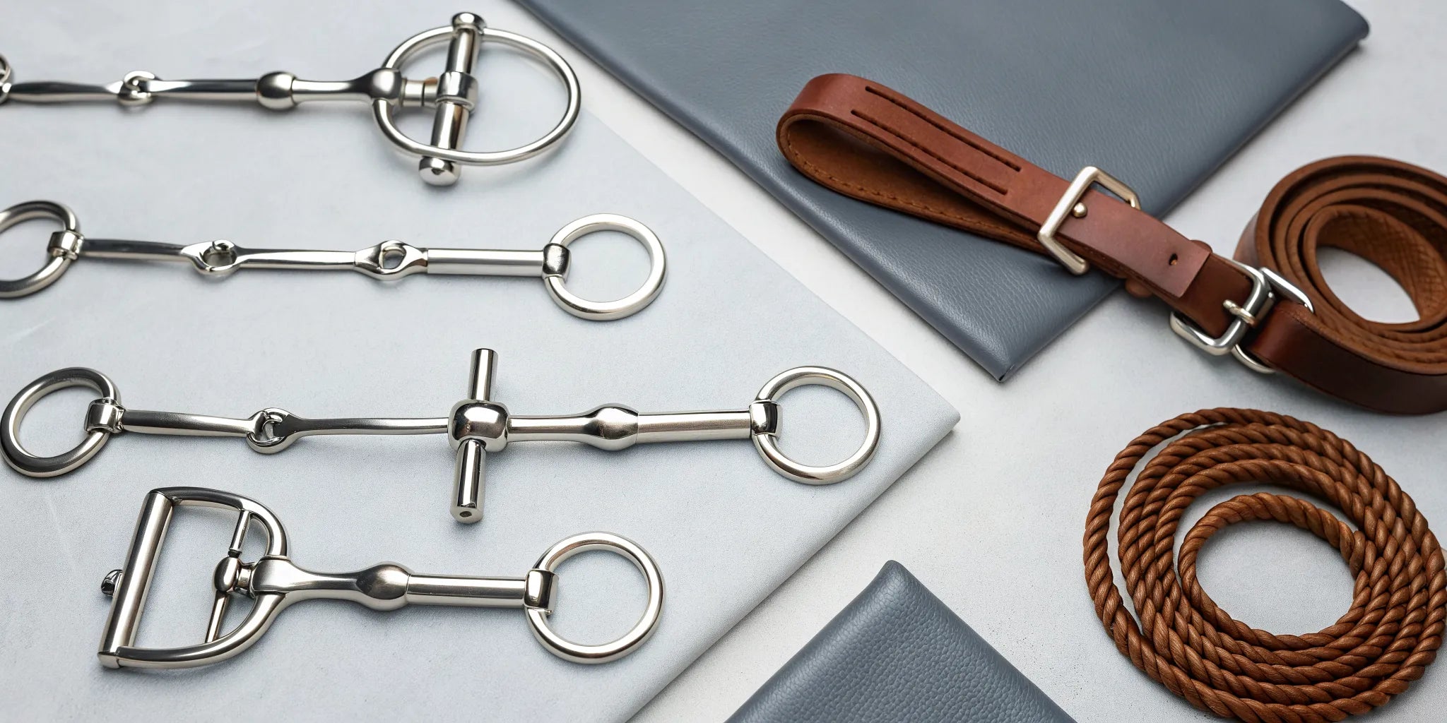 An assortment of different types of horse bits made from stainless steel.