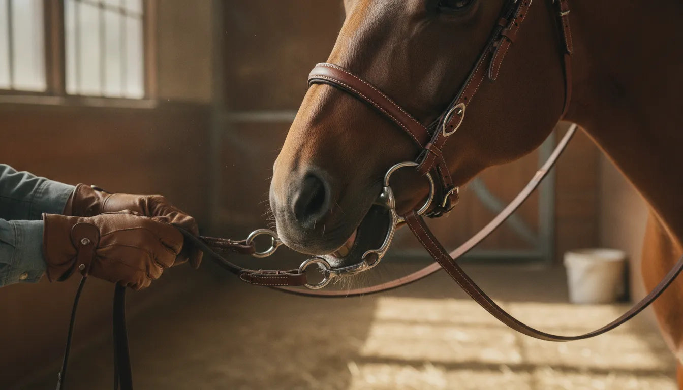 Close-up of a rider's hands holding the reins and a horse's bridle with a stainless steel snaffle bit in the horse's mouth