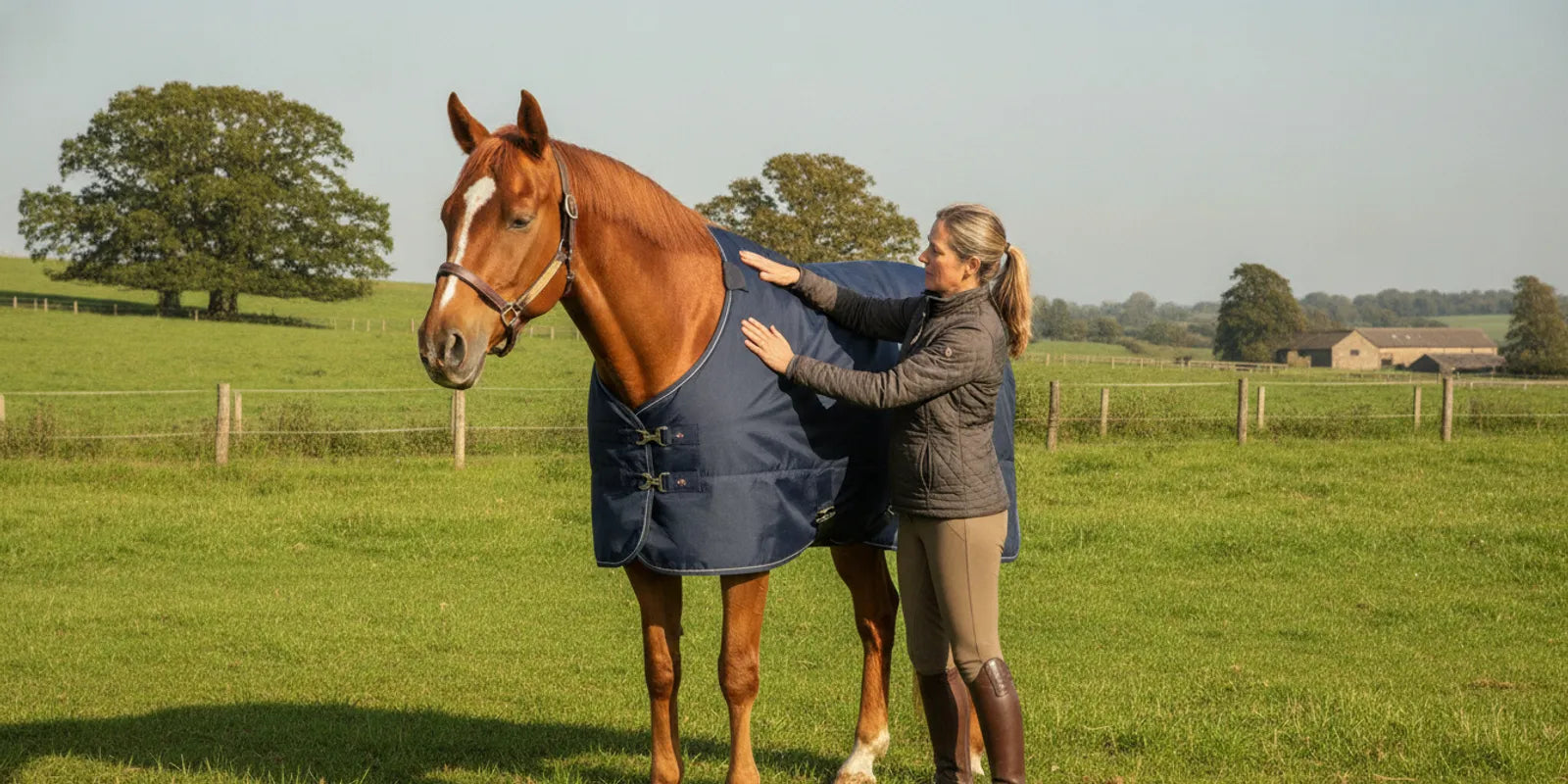 Horse standing calmly in a well-fitted turnout blanket while an owner checks its fit