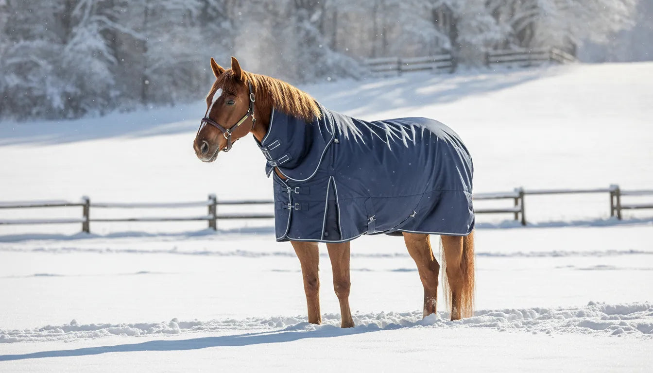 A chestnut horse wearing a heavyweight winter turnout blanket in a snowy pasture
