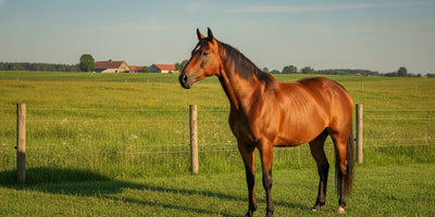 A horse standing calmly in a grassy paddock beside a fence