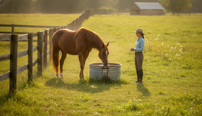 Chestnut horse drinking fresh water from a trough in a sunlit summer paddock while its owner watches