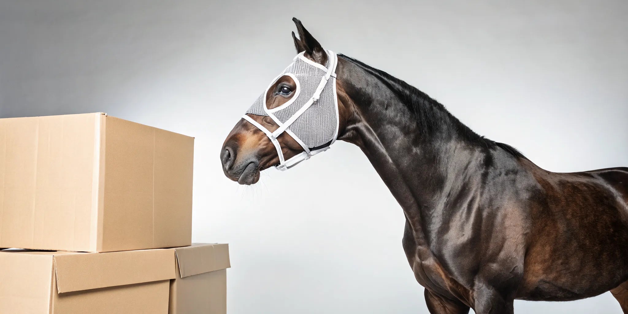 Horse wearing a fly mask, delivered with free shipping.