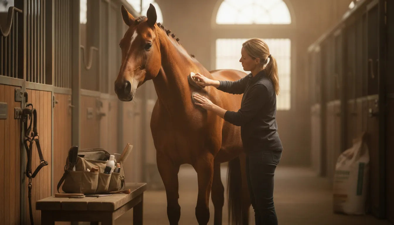 A horse owner brushing a chestnut horse's glossy coat beside an open grooming kit with a carry bag in a sunlit barn aisle
