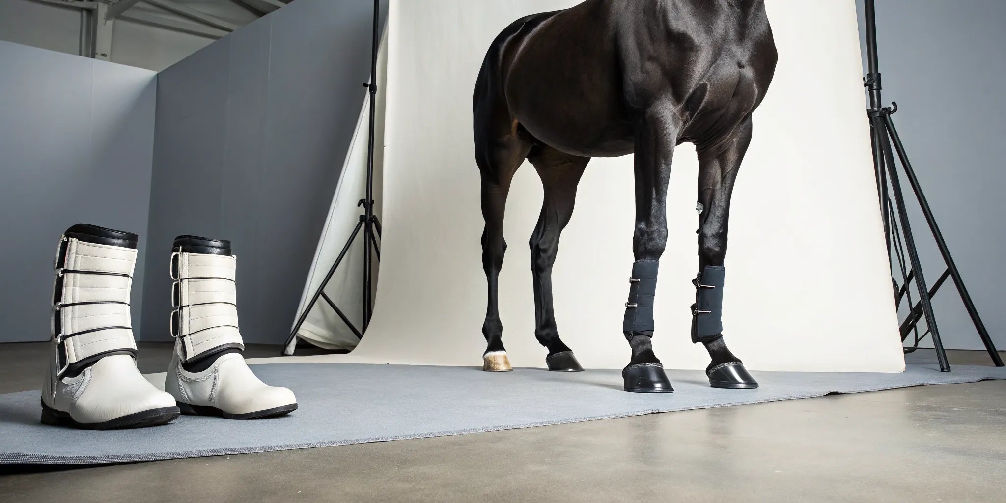 Horse leg protection boots for sale shown on a horse's legs for a secure fit.