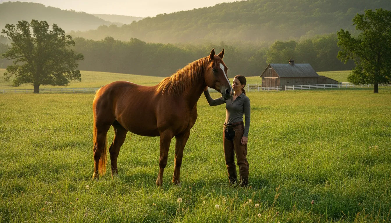 Mature horse standing peacefully in a green pasture with its owner