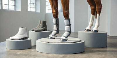 A horse's hoof secured in a poultice boot for a review of the best models.