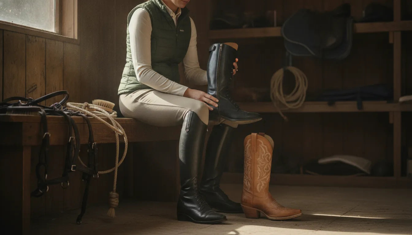English and Western horse riding boots in a tack room