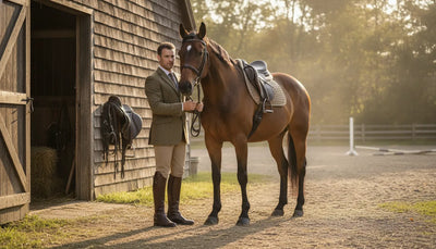Man standing beside a horse in practical riding boots outside a barn