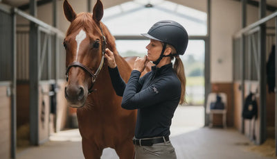 Equestrian fitting a black horse riding helmet beside a horse