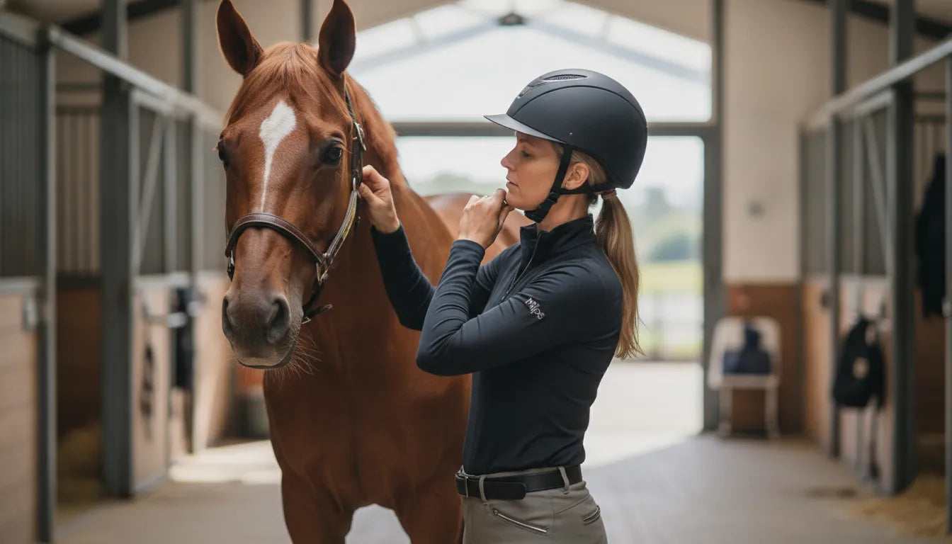 Equestrian fitting a black horse riding helmet beside a horse