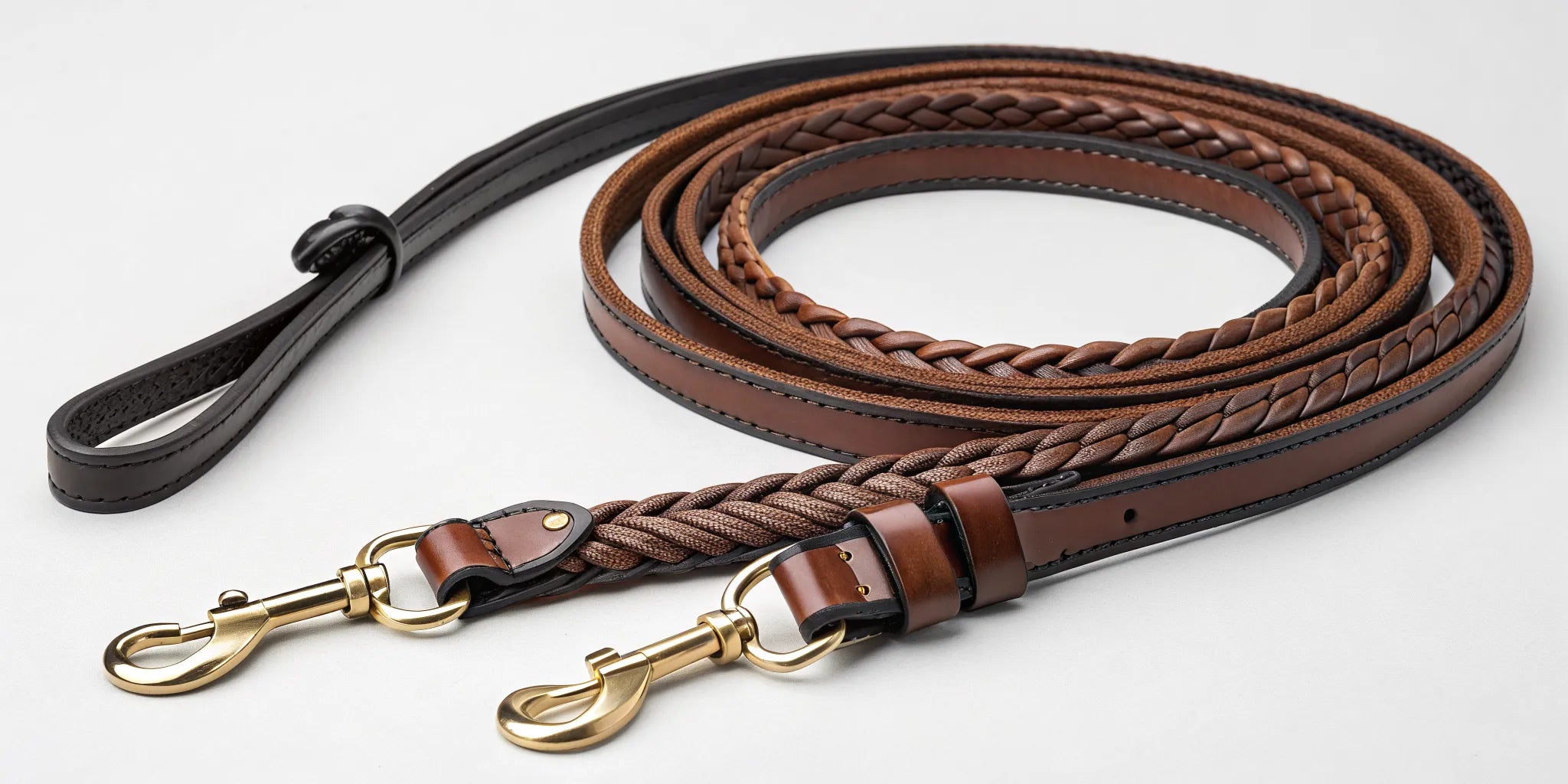 A pair of quality leather horse saddle reins with braided grips and brass hardware.