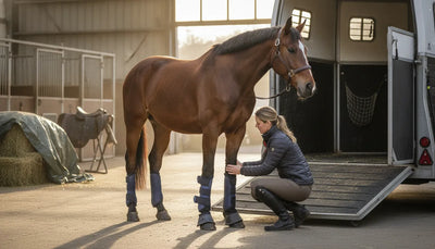 Horse wearing fitted shipping boots beside a trailer