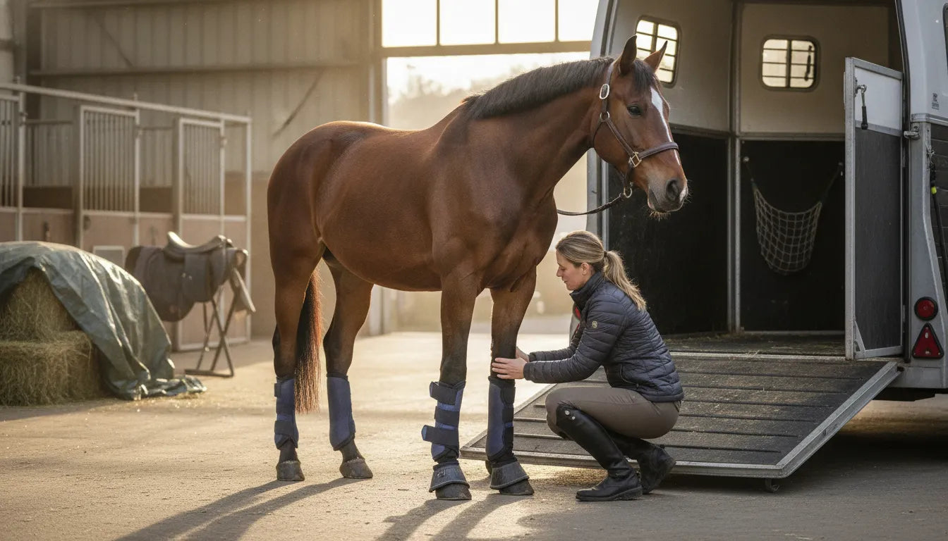 Horse wearing fitted shipping boots beside a trailer