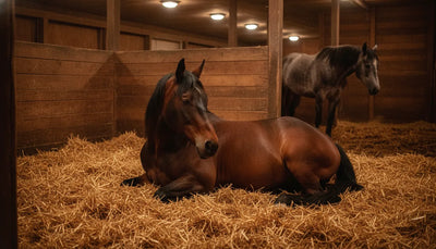 A bay horse lying on straw in a stall at night, with a gray horse standing nearby