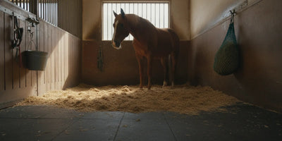 Rubber mats fitted across a clean horse stall floor with bedding and a water bucket