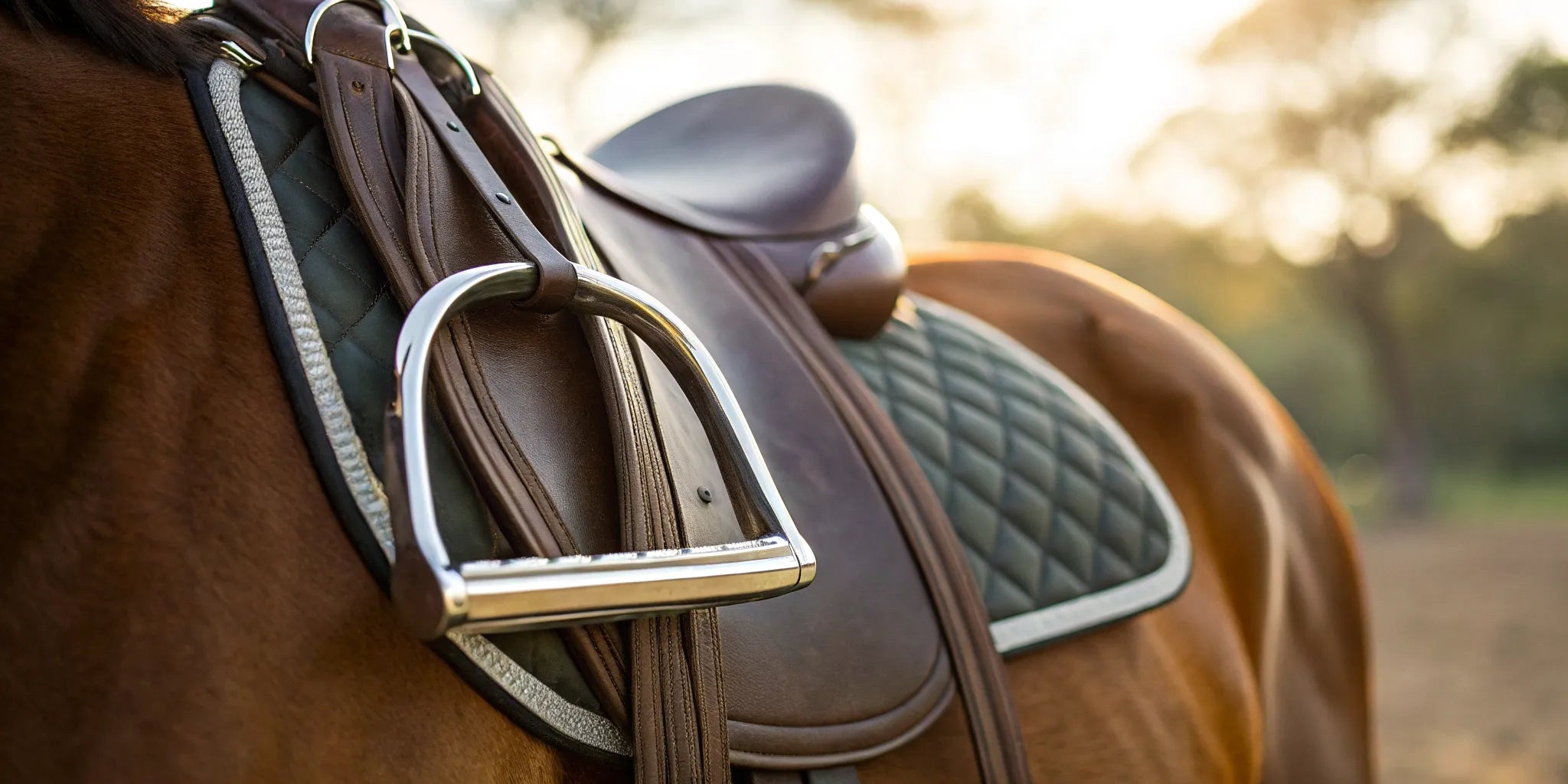 A close-up of a horse stirrup attached to a leather saddle.