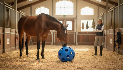 Horse investigating a treat ball in a clean stable setting