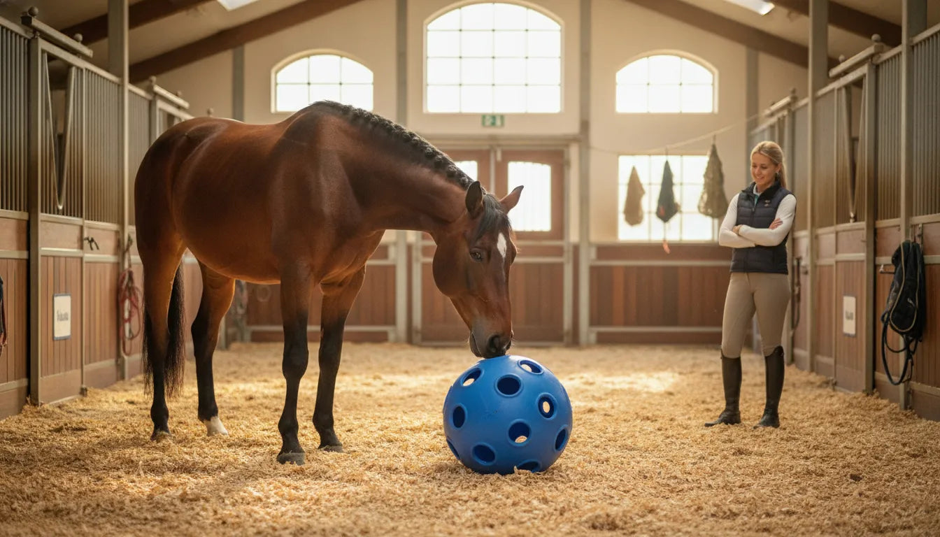 Horse investigating a treat ball in a clean stable setting