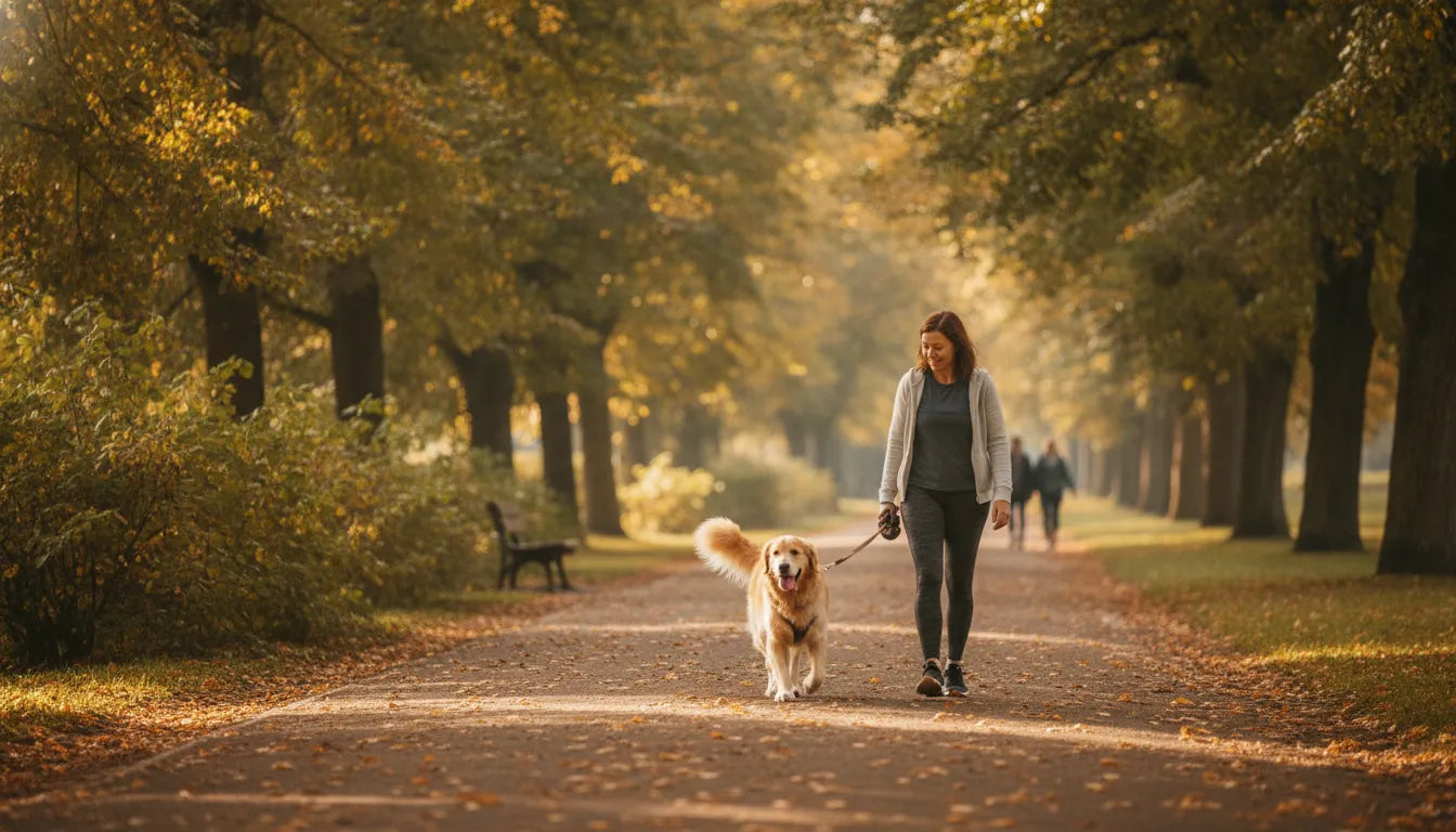 A dog walking with its owner on a leafy park path