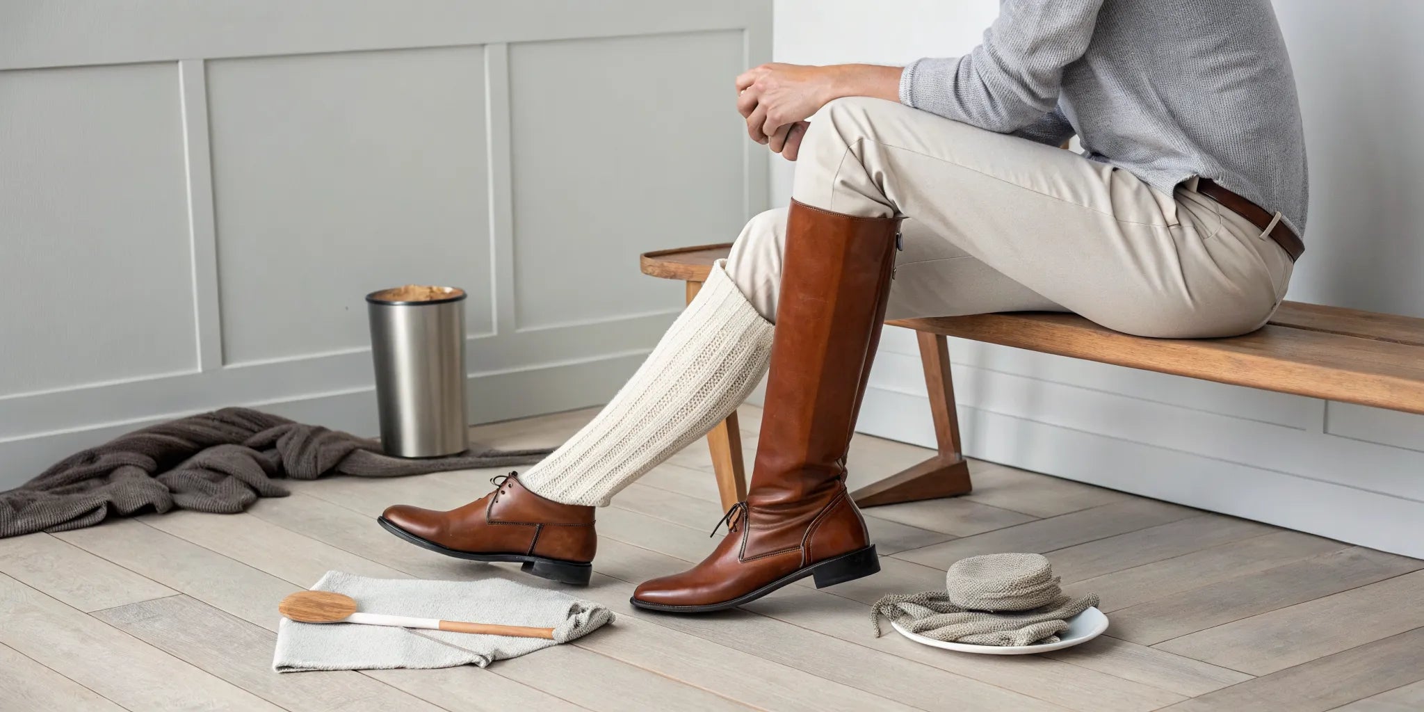 A person breaking in new, stiff brown leather riding boots.
