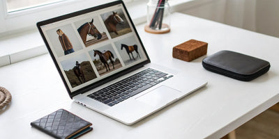 Using a laptop to buy a horse dandy brush online from a desk.