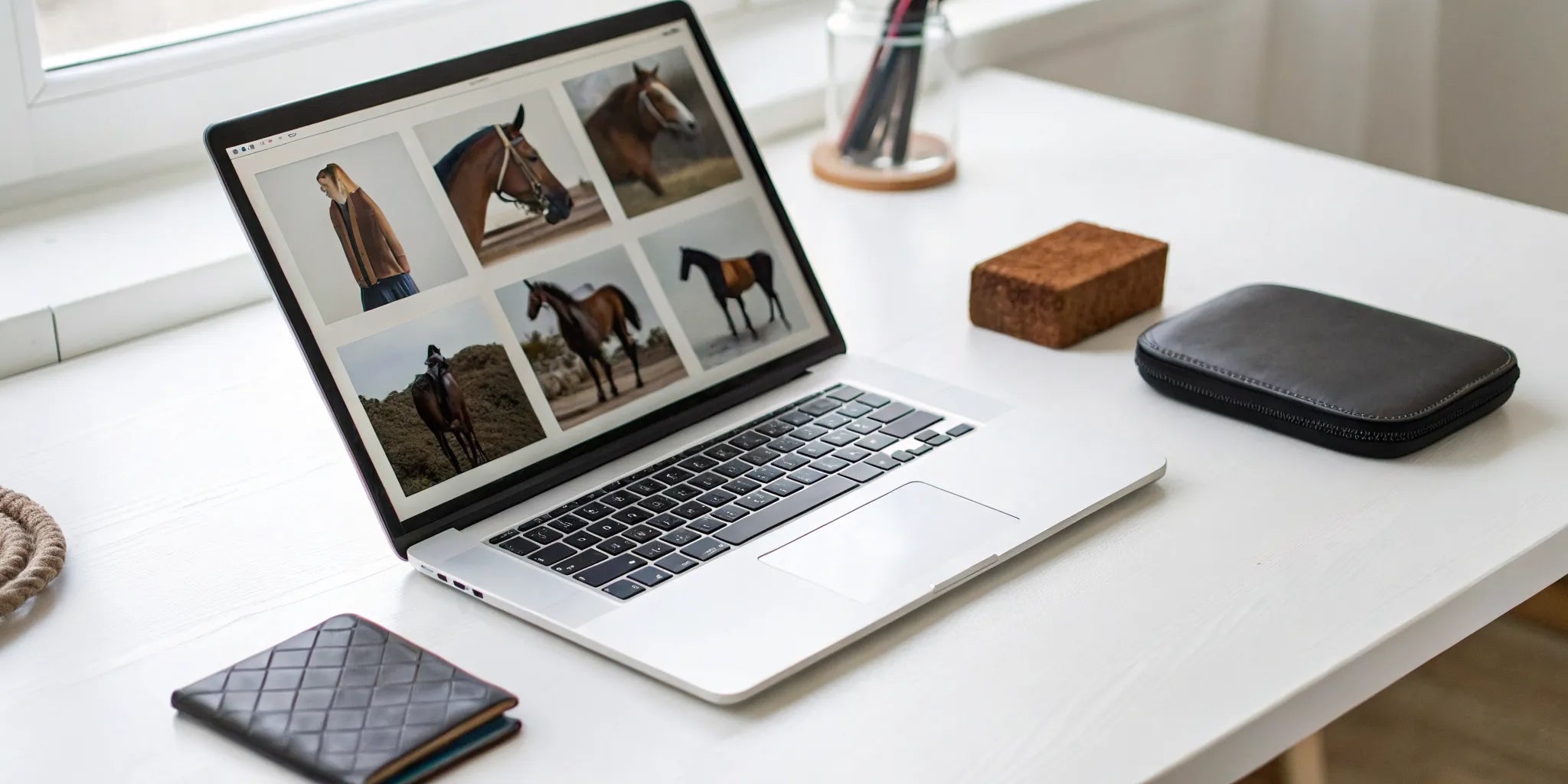 Using a laptop to buy a horse dandy brush online from a desk.