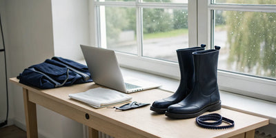 Horse soaking boots on a desk with a laptop to buy them online.