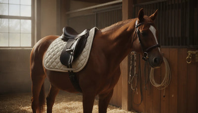 A well-fitted saddle pad on a horse in a barn showing proper placement between saddle and horse back