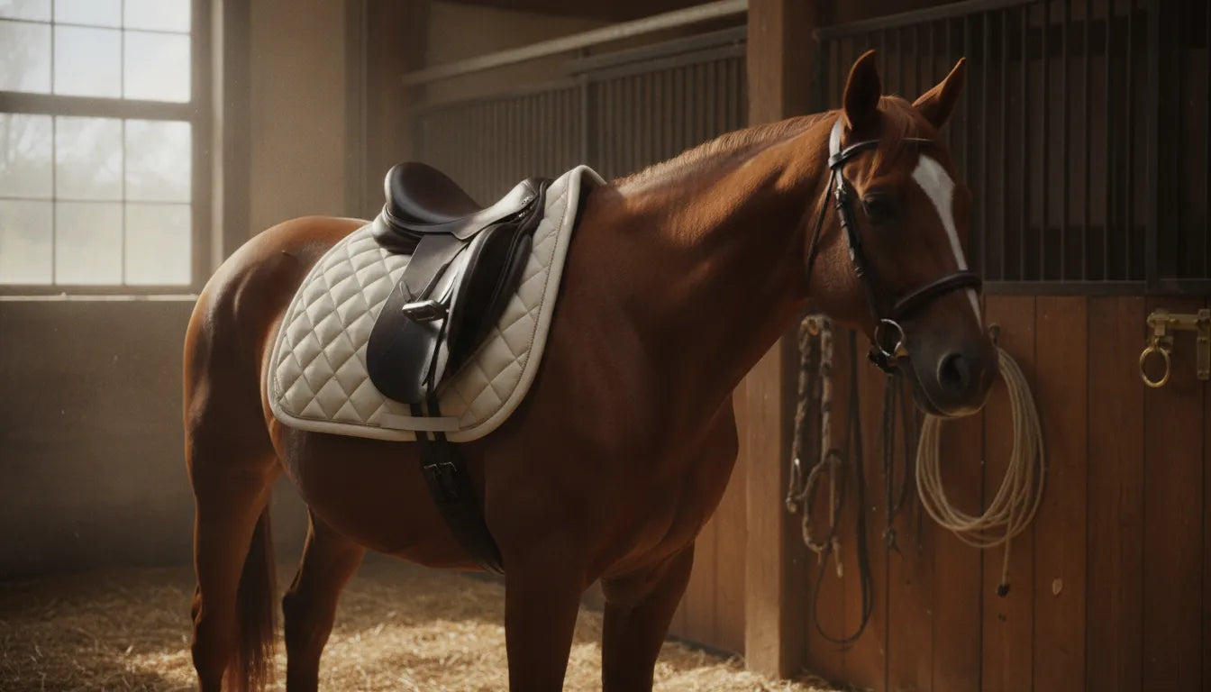 A well-fitted saddle pad on a horse in a barn showing proper placement between saddle and horse back