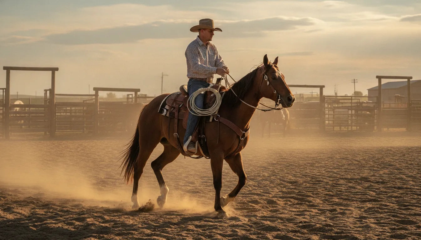 Western team roper riding a horse fitted with a leather roping saddle in an outdoor arena