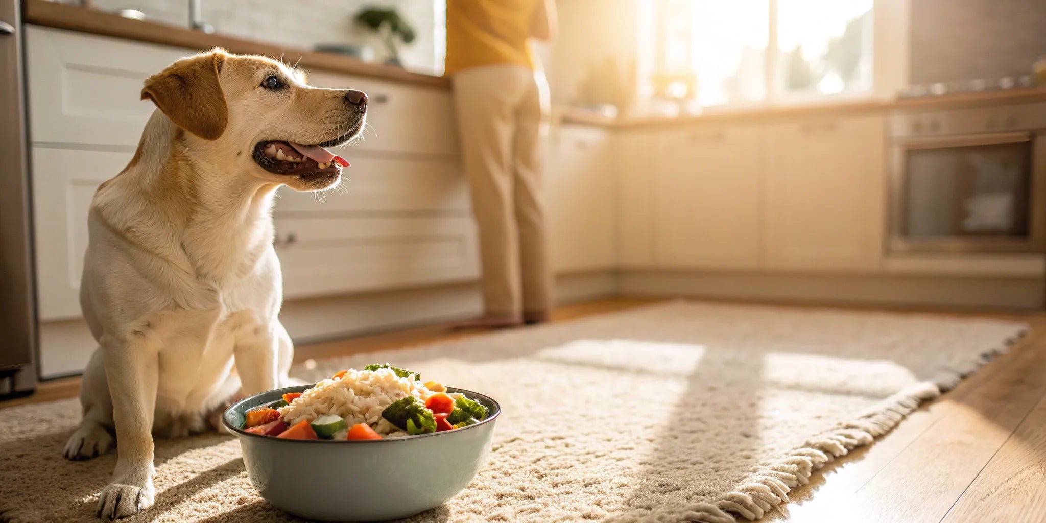 Yellow dog sitting by a food bowl with a meal for digestive support.