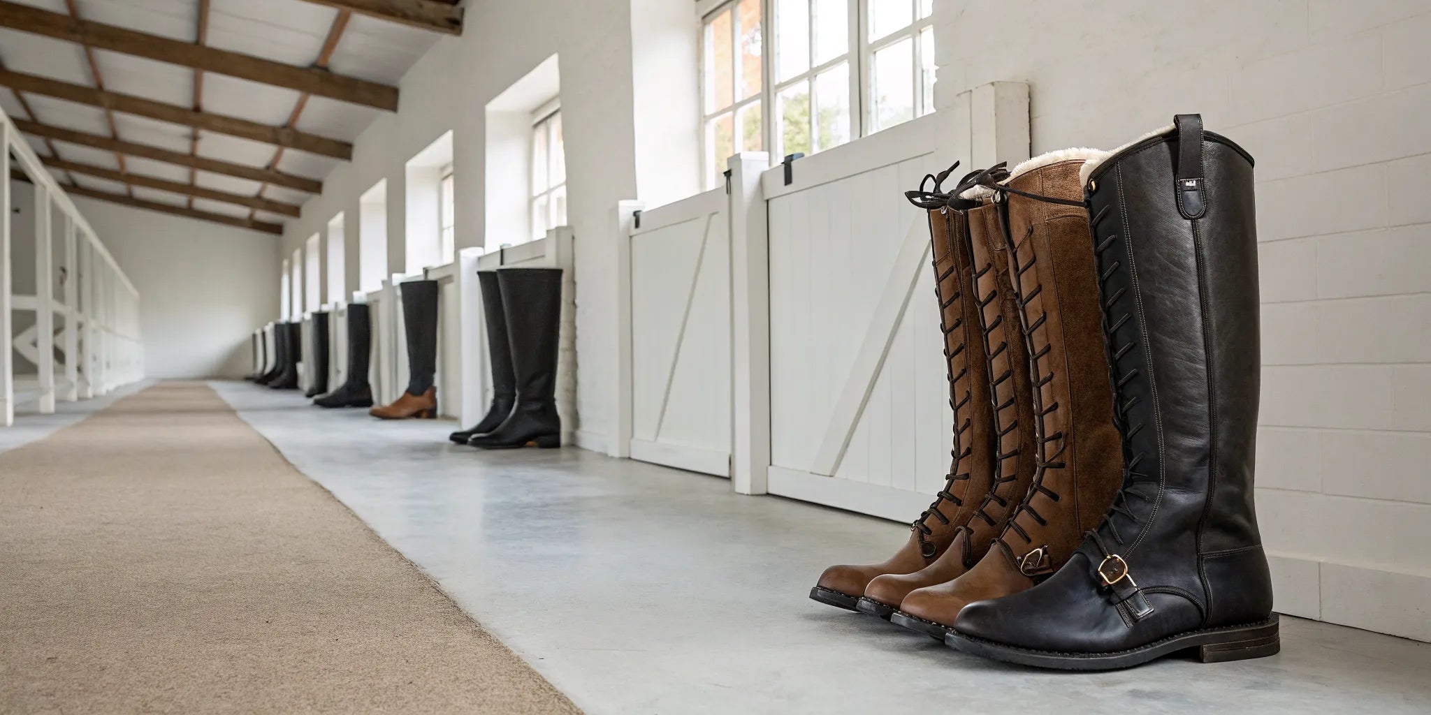 A variety of horse boots lined up, helping a rider choose the right pair for protection.