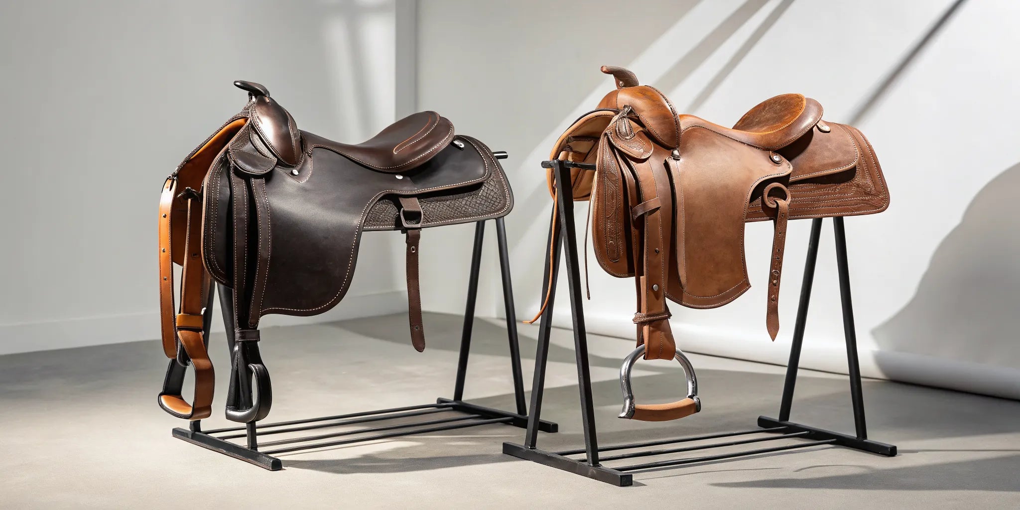 Two western leather horse saddles on stands, ready for a rider to choose.