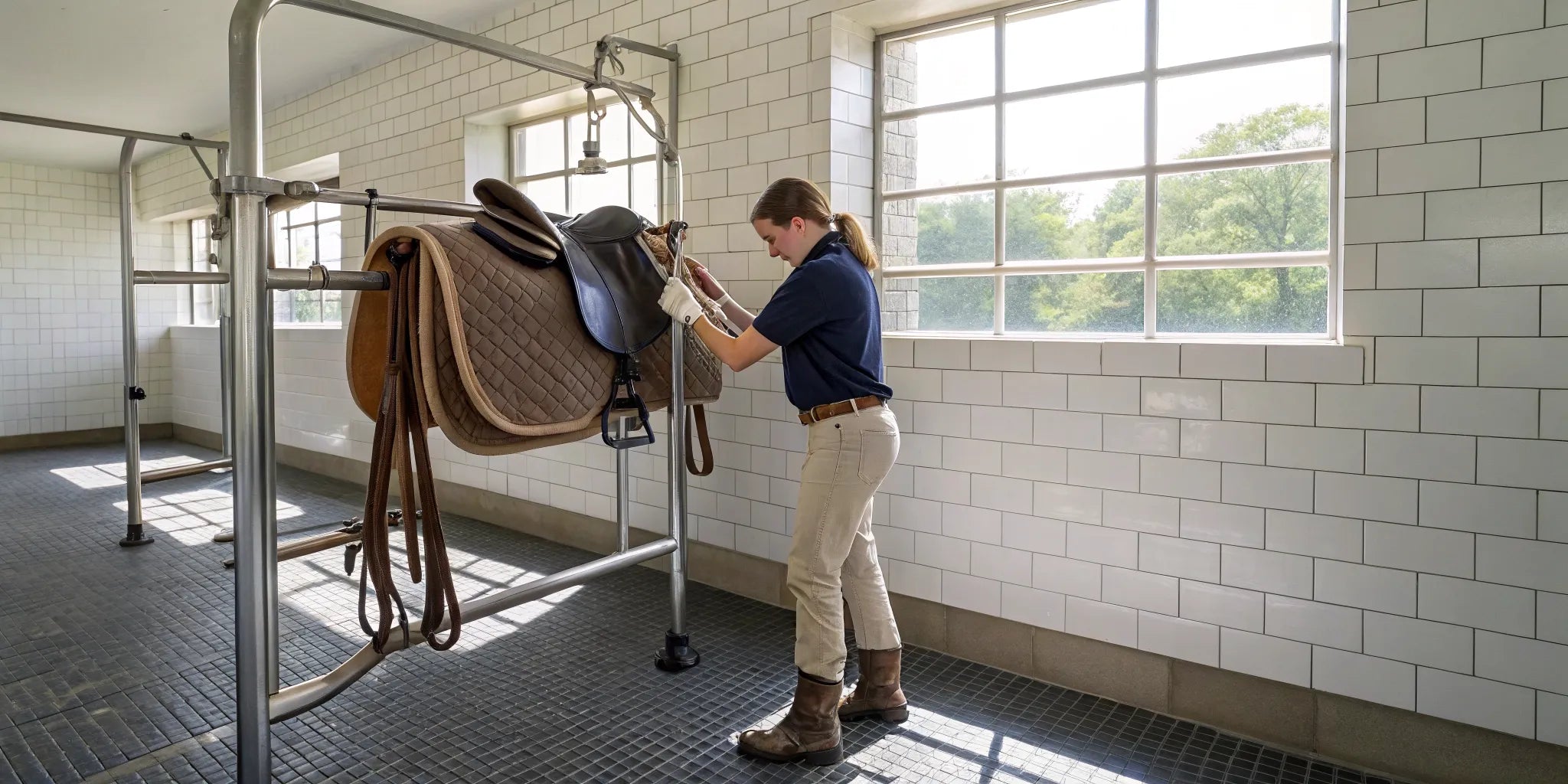 A person using a brush to properly clean a western saddle pad.