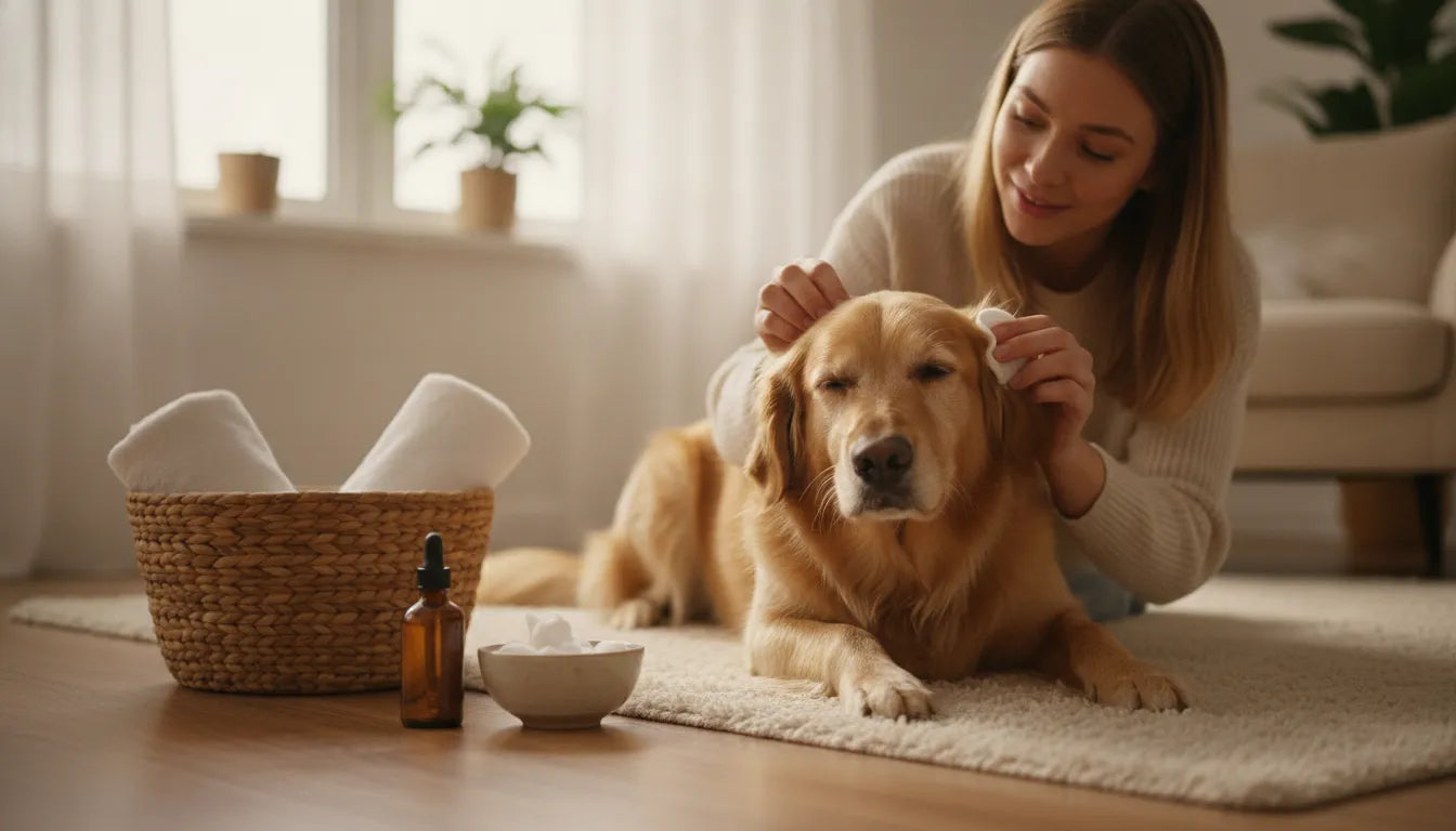 Owner gently cleaning a calm dog's ears at home