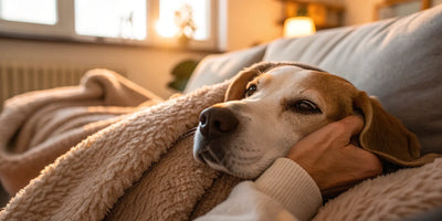 A calm dog relaxing on a couch before a safe at-home ear cleaning.