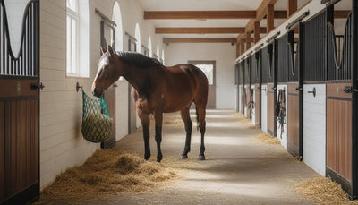 Bay horse eating hay from a securely hung slow-feed hay net in a clean stable