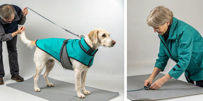 A person shows how to measure a dog for a waterproof coat.