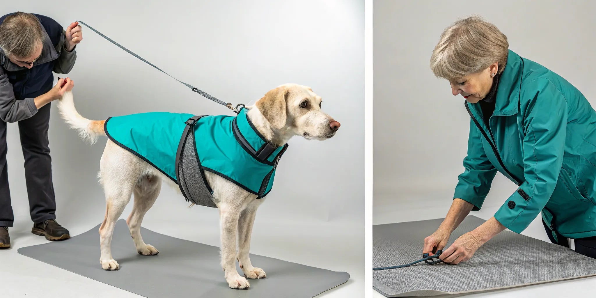 A person shows how to measure a dog for a waterproof coat.
